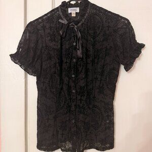 Unique Vintage Black Lace Mesh Button up and tie Gothic Style Blouse Size Small